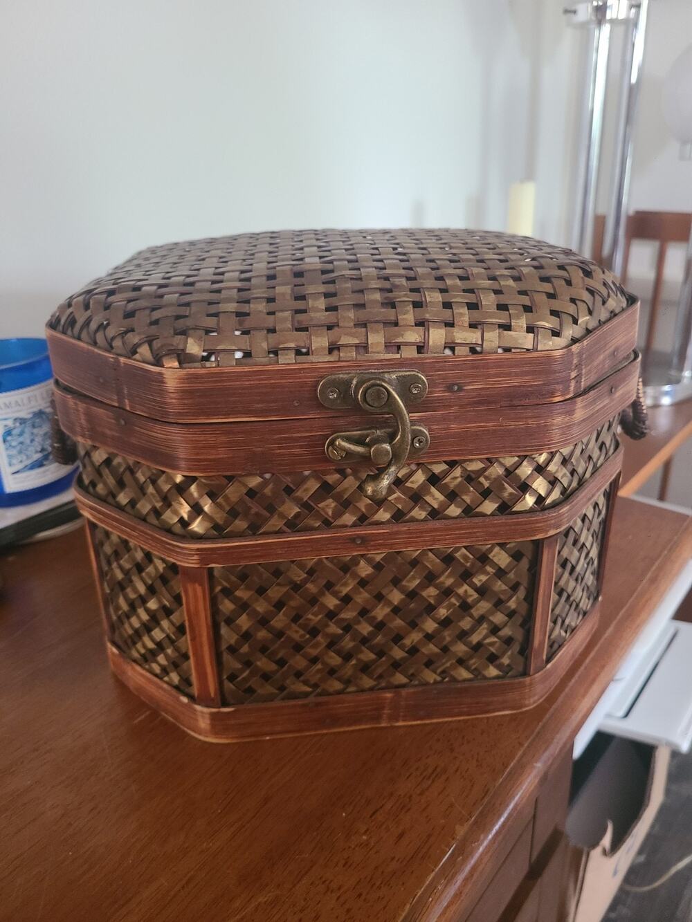 Vintage Woven Bamboo Brass Finish Chest Box Asian Style Lidded Basket 11"